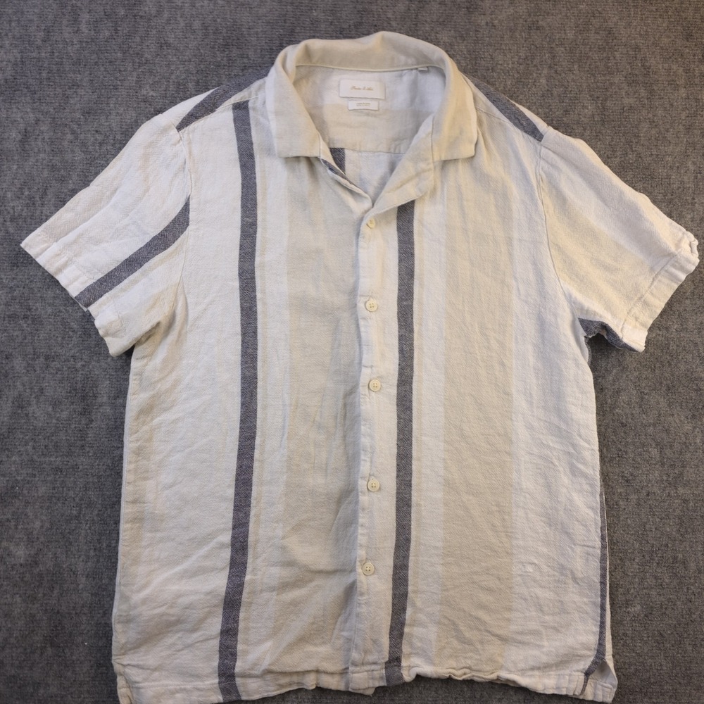Porter & Ash Shirt Large Beige Striped Linen Blend Camp Short Sleeve‎ Button Up